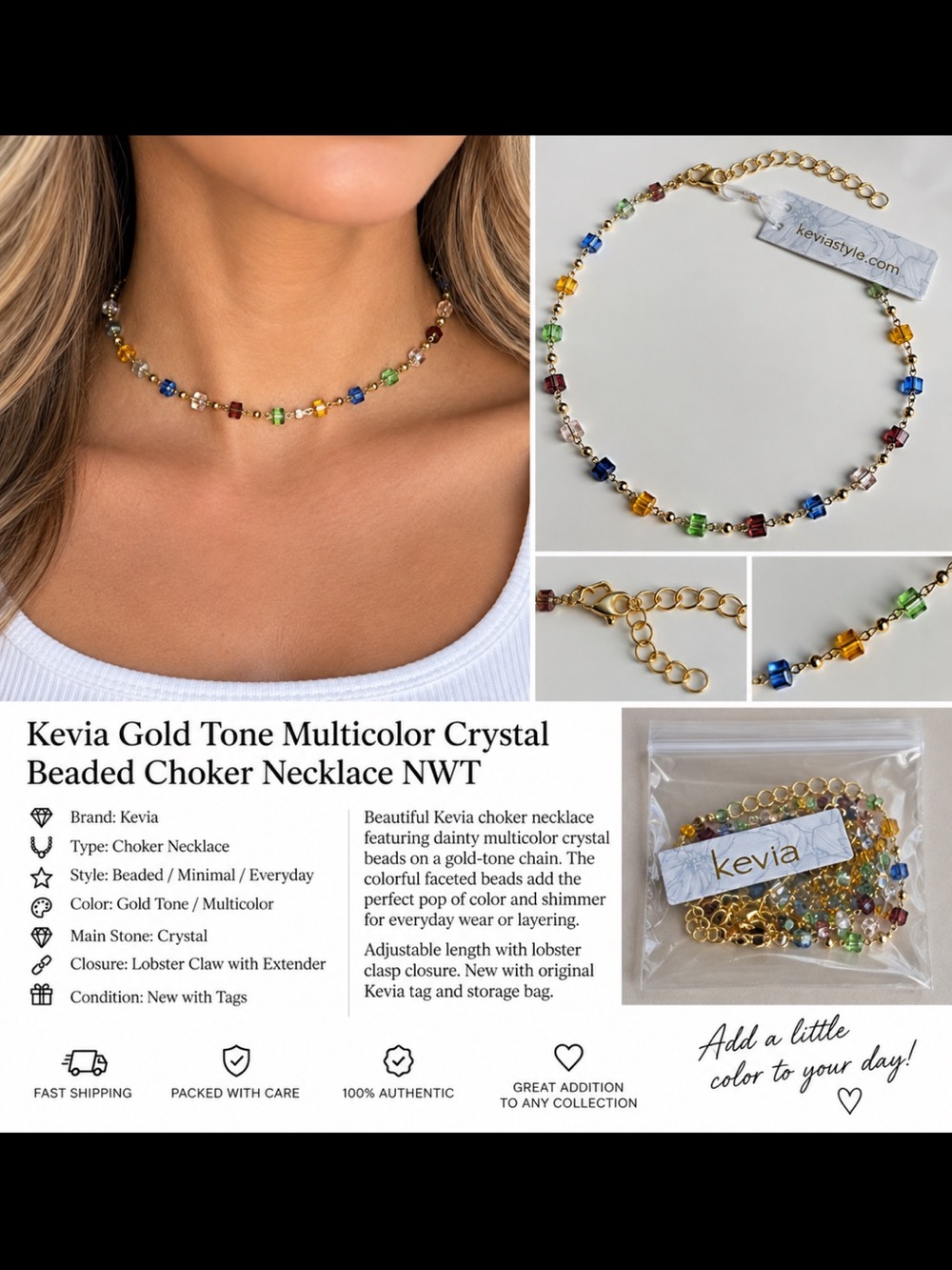 Kevia Gold Tone Multicolor Crystal Beaded Choker Necklace